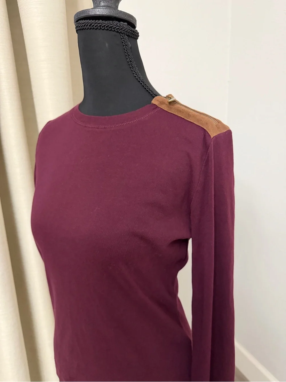 Lauren Ralph Lauren Burgundy Long-Sleeve with Tan Elbow Patches and Shoulder Zip